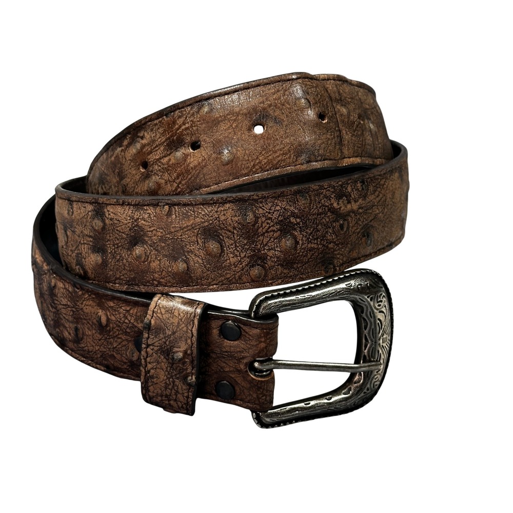 Handmade Mexico Mens Brown Ostrich Print Leather Western Belt Size 40 CV25002